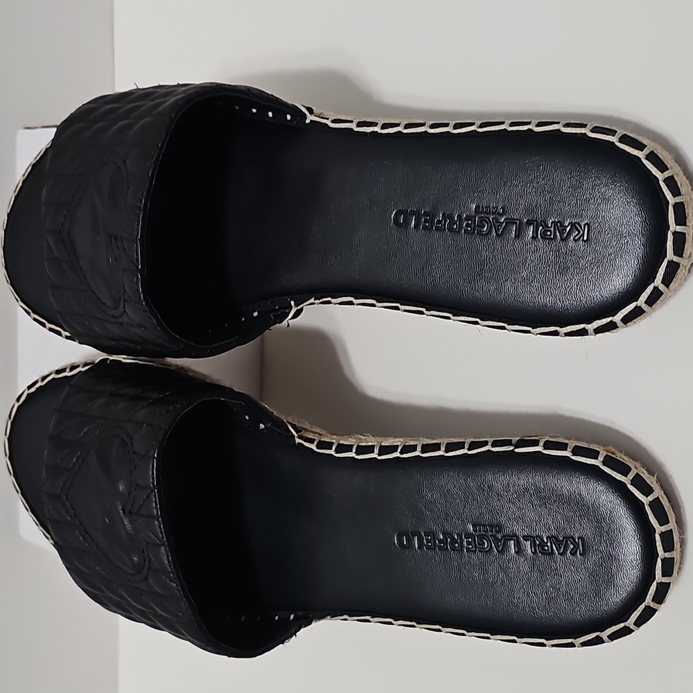 Karl Lagerfeld Paris Colette Quilted Spadrille Black Leather Slides Sandals Sz 9 - Picture 5 of 5